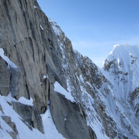 Looking up the crux pitches on the Phantom Wall.